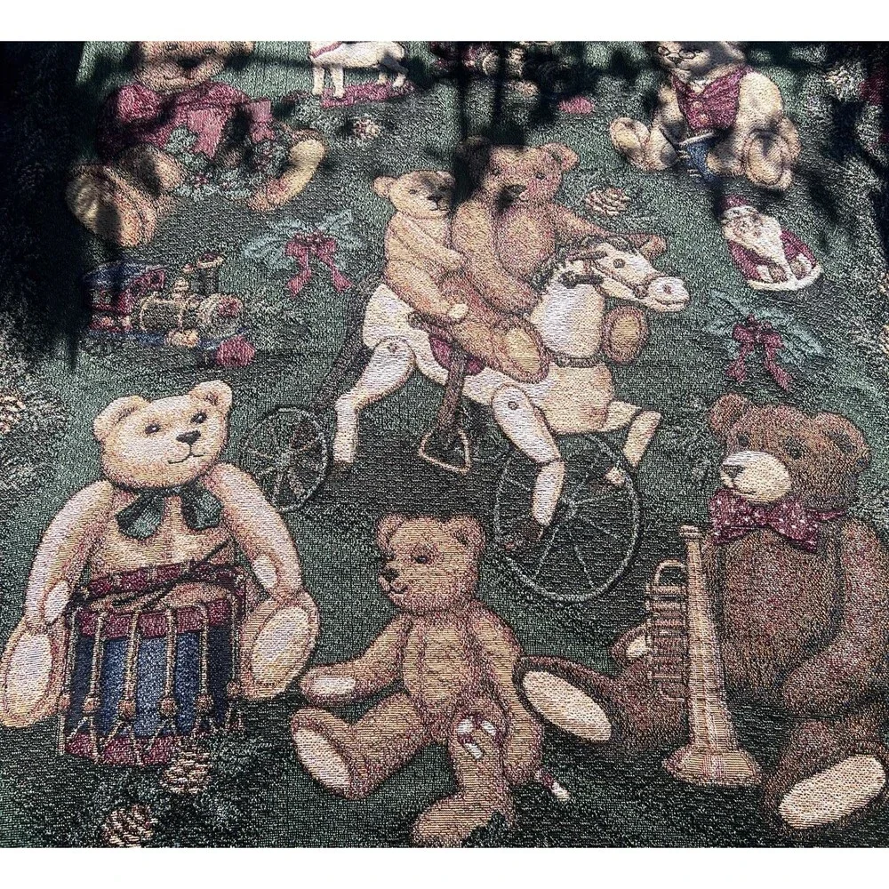 Vintage 1990s Woven Teddy Bear Throw Blanket Jacquard Fringe 52x57 Cottage Core